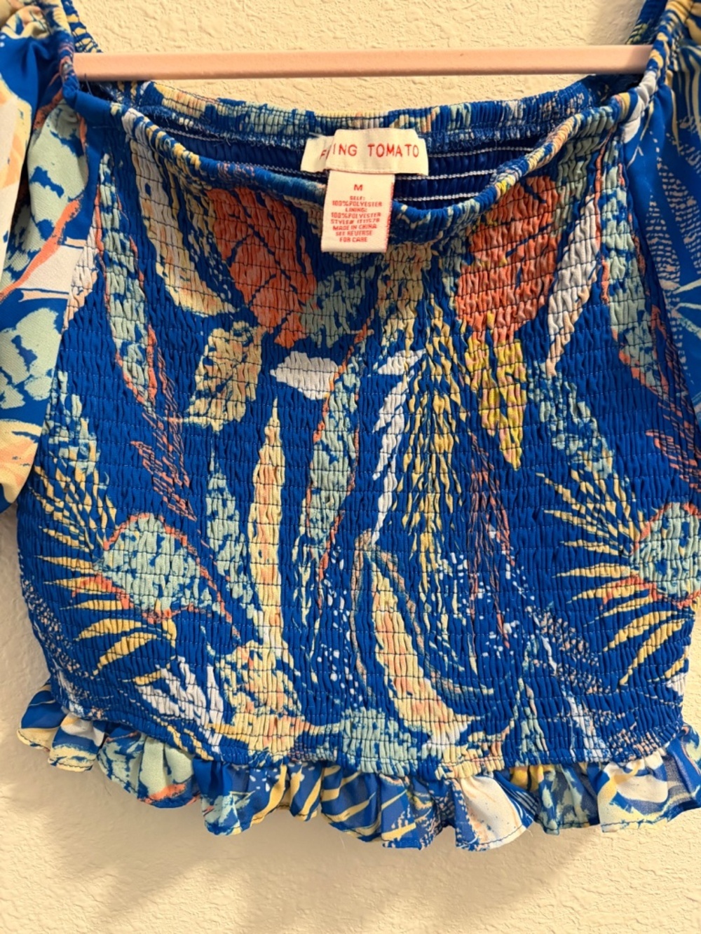 Flying Tomato Tropical Smocked Crop Top | Puff Sleeve | Size M | Like New - Picture 3 of 6